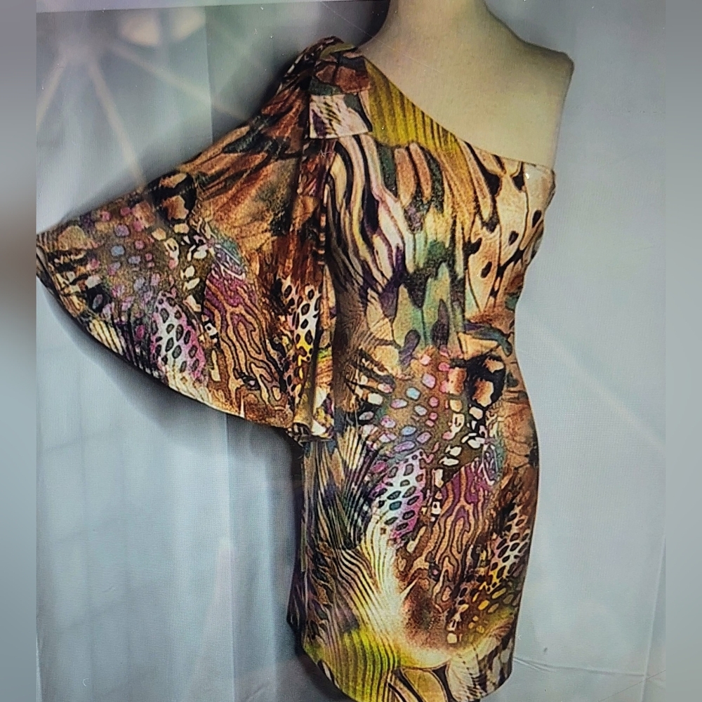 Cache VTG Bronzed Butterfly Wing One Shoulder Exotic Cocktail Dress Sz L